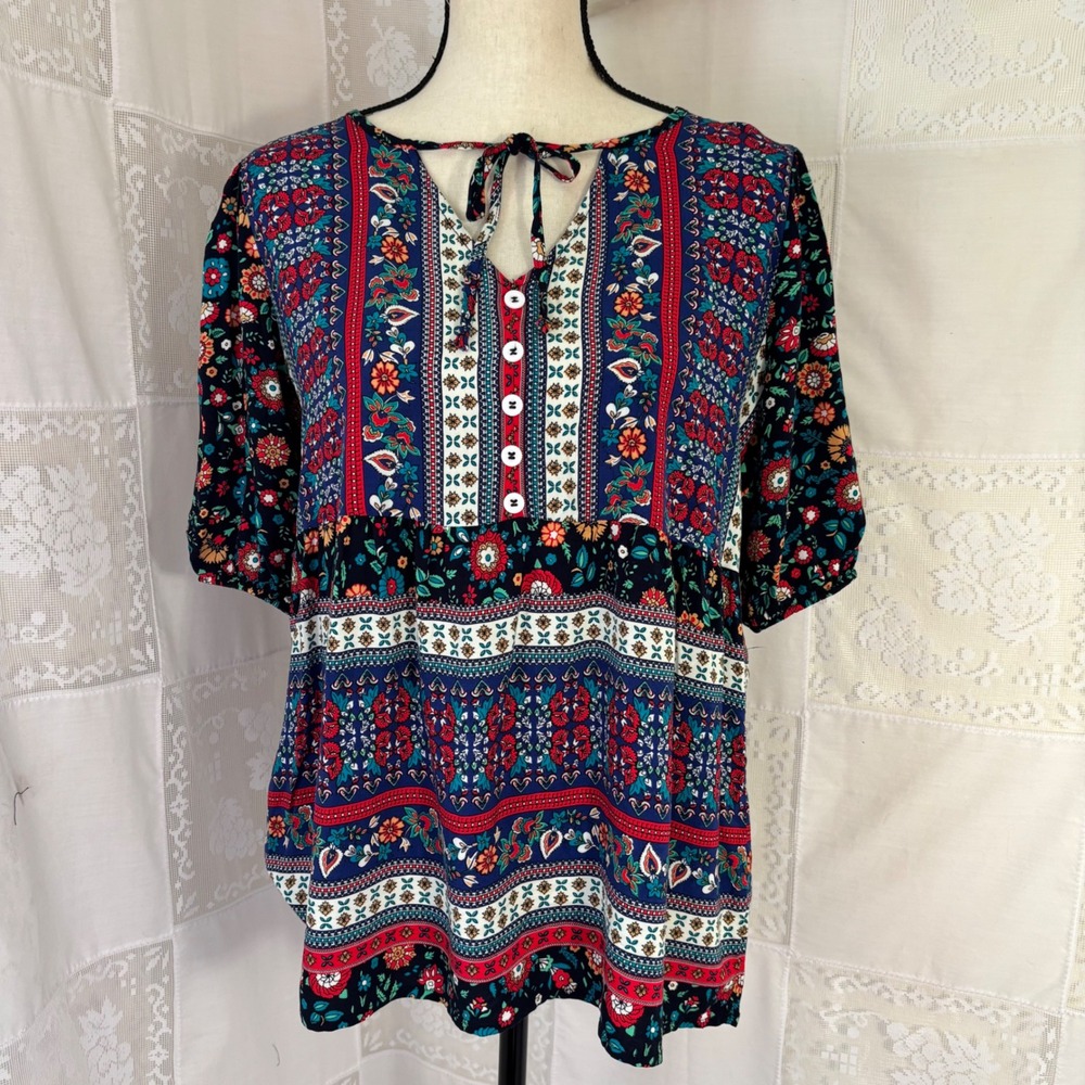 Blue Red Floral Boho Babdyoll Prairie Blouse Women's Size M